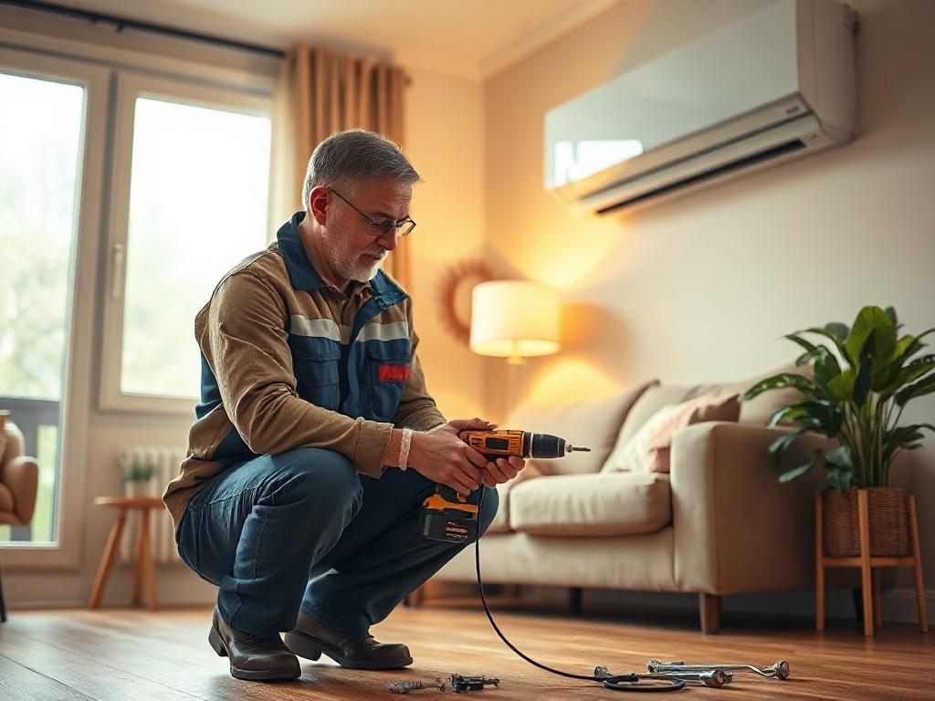 Create a realistic high-resolution photo that encapsulates the process of a professional heating installation. The image should feature a single HVAC technician, a middle-aged Caucasian man, wearing a company-branded uniform, focused intently on the installation of a heating unit in a modern residential setting. The technician should be depicted in the foreground, crouching or kneeling to connect components of the heating system, showcasing tools like a wrench and power drill in his hands.

The background s