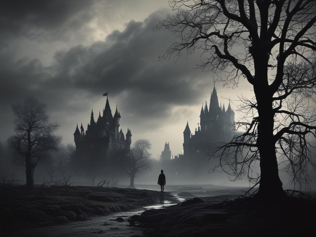 A dark, moody castle shrouded in mist, surrounded by twisted trees. The castle's tall spires pierce the cloudy sky, with deep shadows creating a mysterious atmosphere. The foreground features a lone figure in a dark cloak, gazing towards the castle, evoking a sense of intrigue and suspense.