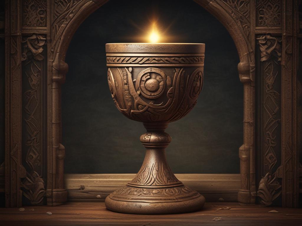 A realistic high-resolution photo of a beautifully crafted, ancient chalice with intricate designs, set against a dark, rustic background that exudes an air of mystery. The light softly illuminates the chalice, highlighting its details, while shadows create depth around it, enhancing the gothic atmosphere.