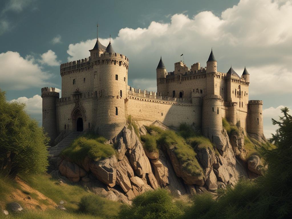 Create a realistic high-resolution photo to represent a blog titled "The Secrets of The Nazar Castle." The composition should be simple and clear, focusing on a single, striking subject: an intricately designed antique key. The key should be ornate, featuring Gothic motifs and subtle engravings, symbolizing mystery and unlocking hidden truths. 

Place the key against a dark, textured background that resembles aged stone or weathered wood, hinting at the castle’s rich history. Soft, dramatic lighting should 