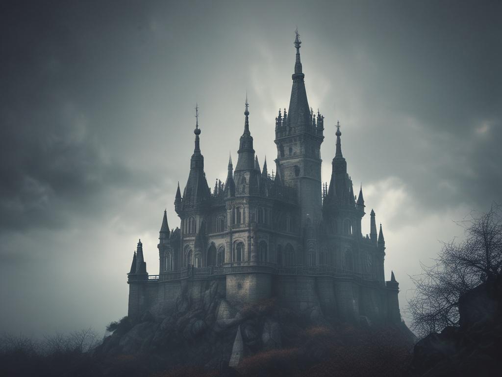 A hyper-realistic close-up of an ancient castle shrouded in mist, with gothic architecture and intricate details, a dark and moody atmosphere, shot with a 45mm f/1.2 lens.