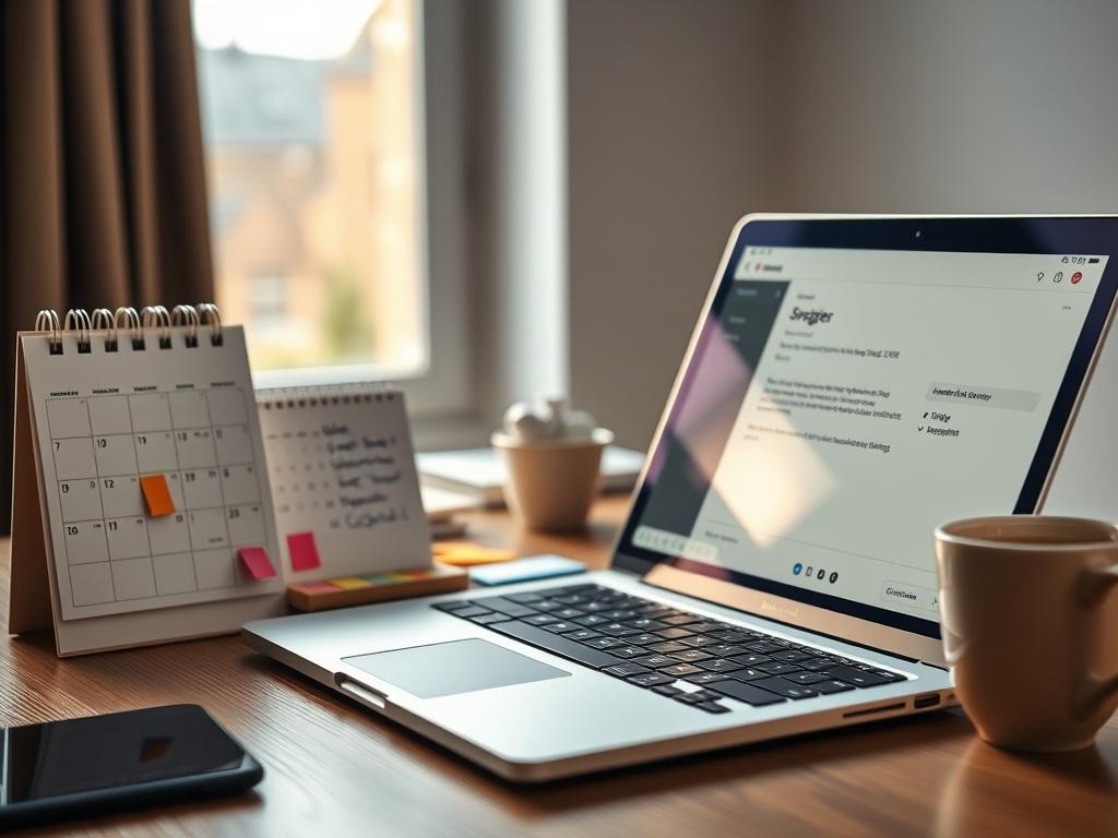 A close up image of a modern desk setup featuring