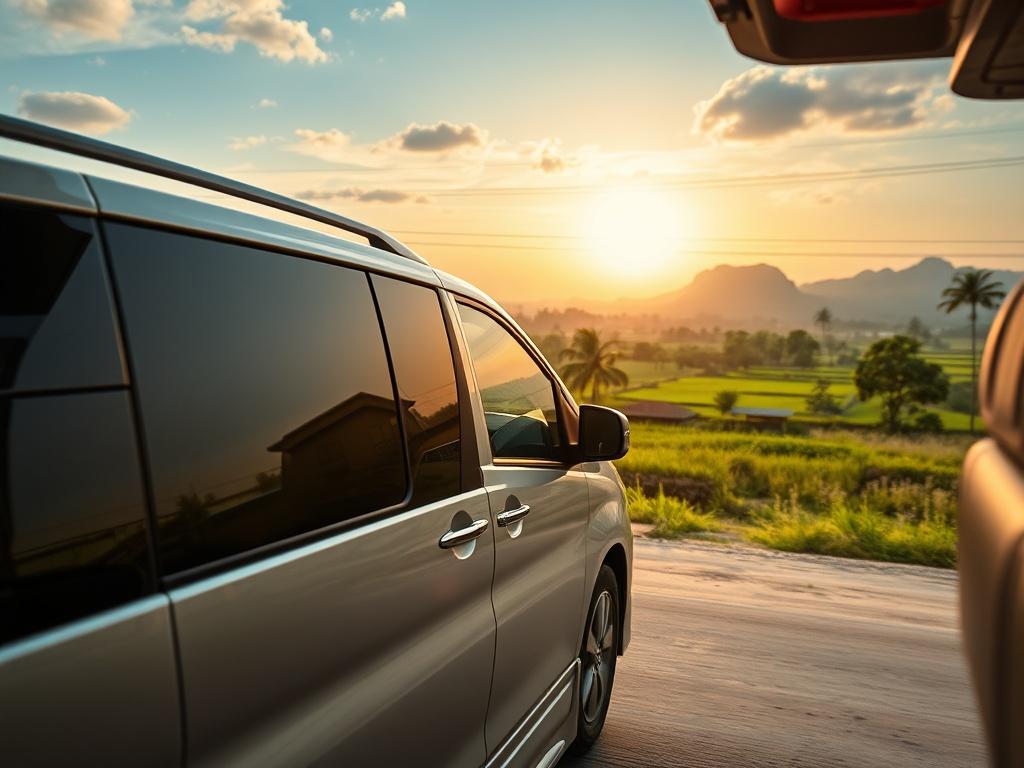 A hyper realistic close up shot of a private minivan