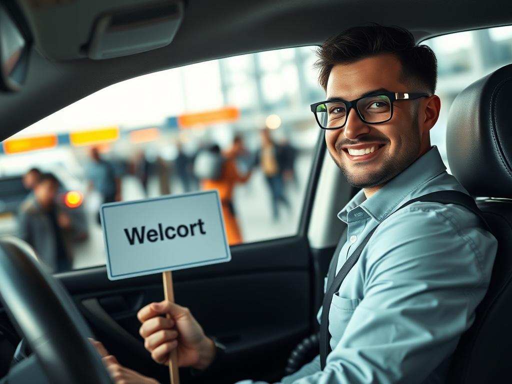 A close up shot of a driver welcoming a traveler