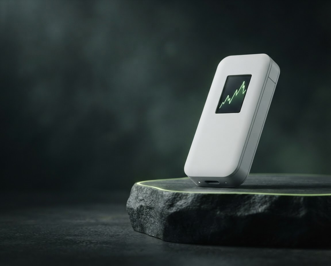 A minimalist hardware wallet displaying a secure crypto balance