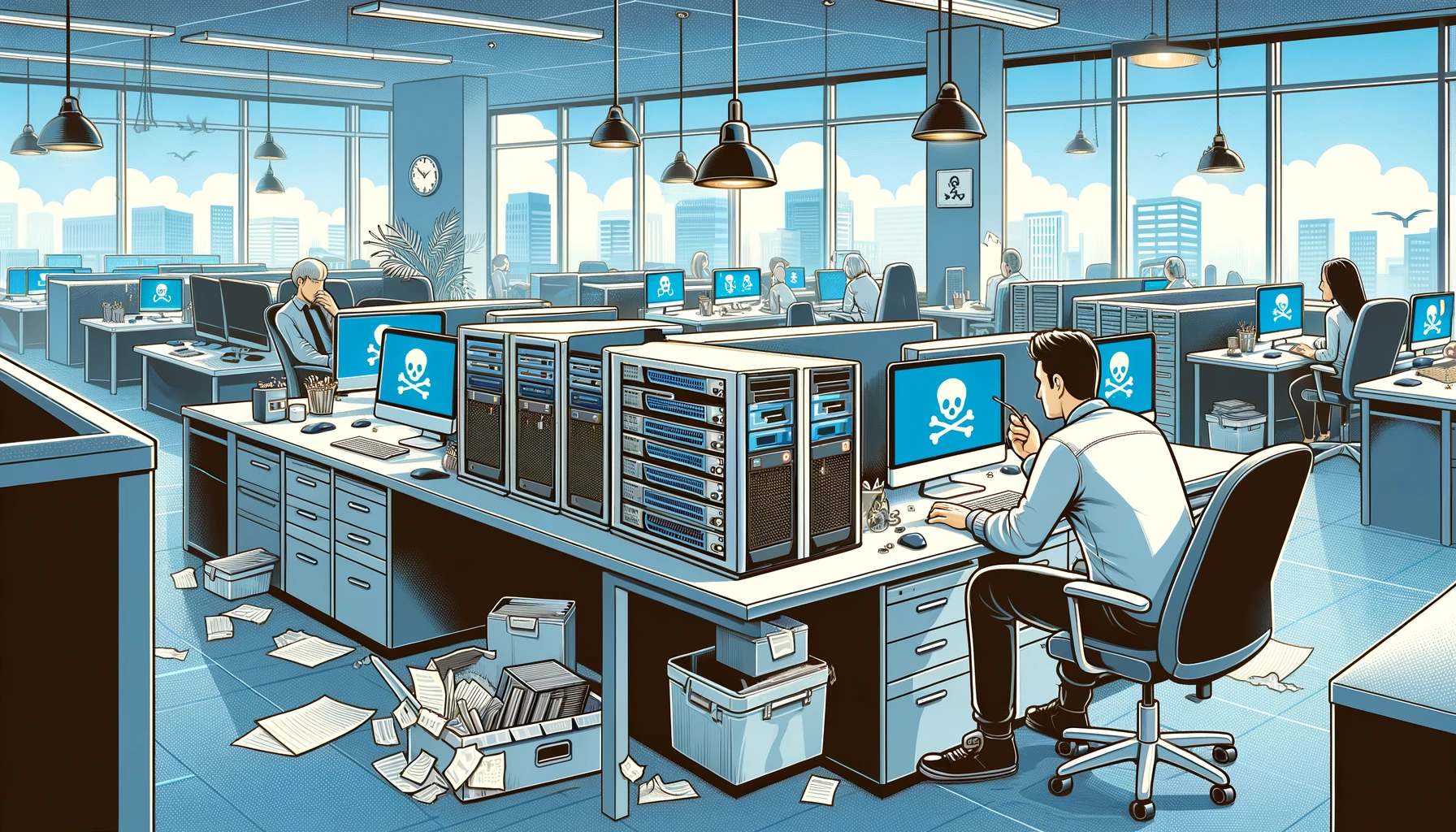 dall·e 2024-05-23 09.29.24 - a clean and orderly office scene. desks are neatly arranged with computers and papers properly organized. a technician is calmly working on a server w.webp