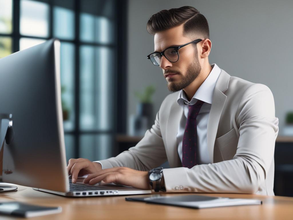 Create a realistic high-resolution close-up photo of a confident business professional sitting at a modern desk, engaging with a sleek laptop displaying AI analytics on screen. The subject, a mid-30s person dressed in smart casual attire, is thoughtfully analyzing data with a slight smile, embodying the successful use of AI to drive business growth. The composition is simple and clear, featuring only this one subject centered in the frame, shot with a 45mm f/1.2 lens style for a shallow depth of field that 
