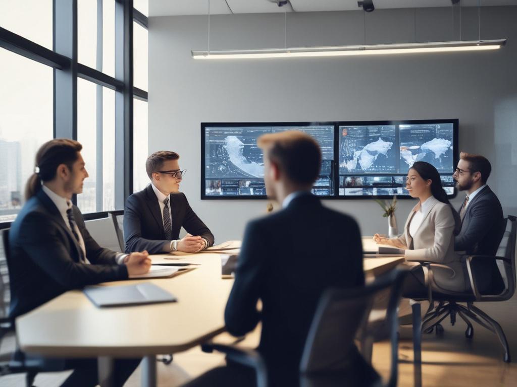 A close-up shot of business professionals interacting with AI tools, captured with a 45mm f/1.2 lens style. The composition is simple and clear, focusing on one primary subject: a confident business professional using a sleek AI-powered device or interface. The background is softly blurred to emphasize the subject, with subtle hints of a modern office environment. The image is rendered in hyper-realistic, high-resolution quality, featuring colors compatible with rgb(50, 170, 39) as the primary color accent.