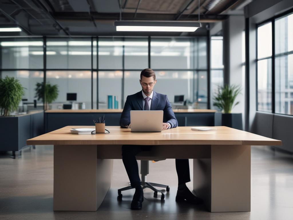 Create a realistic, high-resolution close-up photo of a confident business professional in a modern office setting, symbolizing the theme "Maximizing ROI with AI Strategy." The single subject is a focused individual, dressed in smart business attire, seated at a sleek desk, thoughtfully reviewing digital data on a transparent tablet or holographic screen. The device displays subtle, sophisticated AI-related graphs and charts without text. Use a 45mm f/1.2 lens style to achieve a shallow depth of field, high