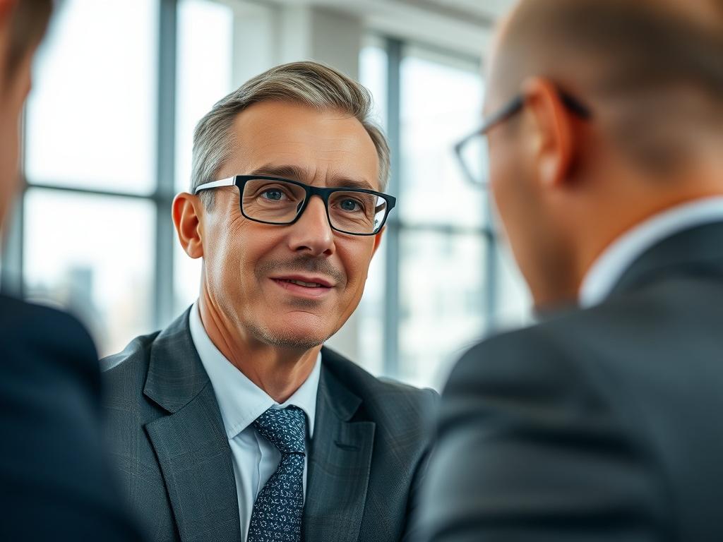 A hyper-realistic close-up shot of a confident executive, dressed in a professional suit, engaging in a strategic discussion with a team. The setting is a modern office with a minimalistic design, featuring a large window showing a cityscape in the background. The executive exudes authority and approachability, with a focused expression, conveying leadership and insight. The composition highlights the executive as the sole subject, with soft lighting creating a warm and inviting atmosphere.