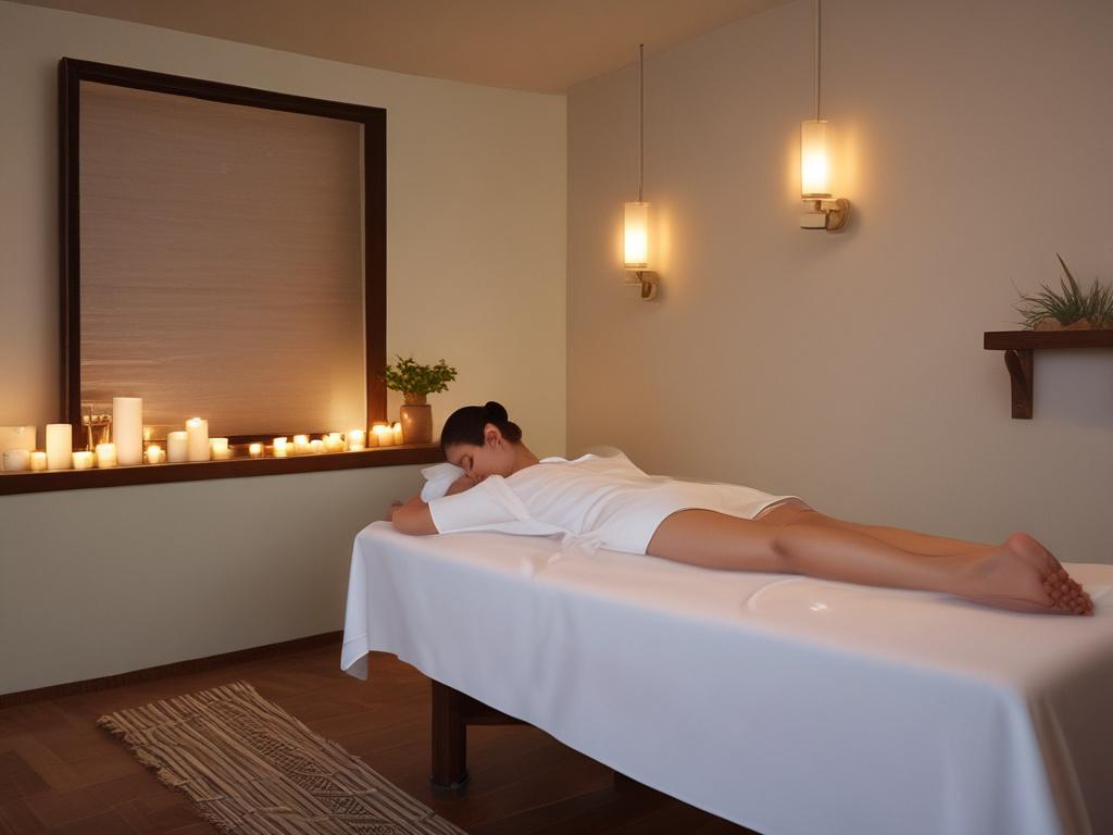 A serene spa setting featuring a tranquil massage room with