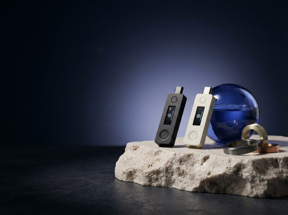 Two hardware wallet devices displayed in a dramatic midnight-blue studio
