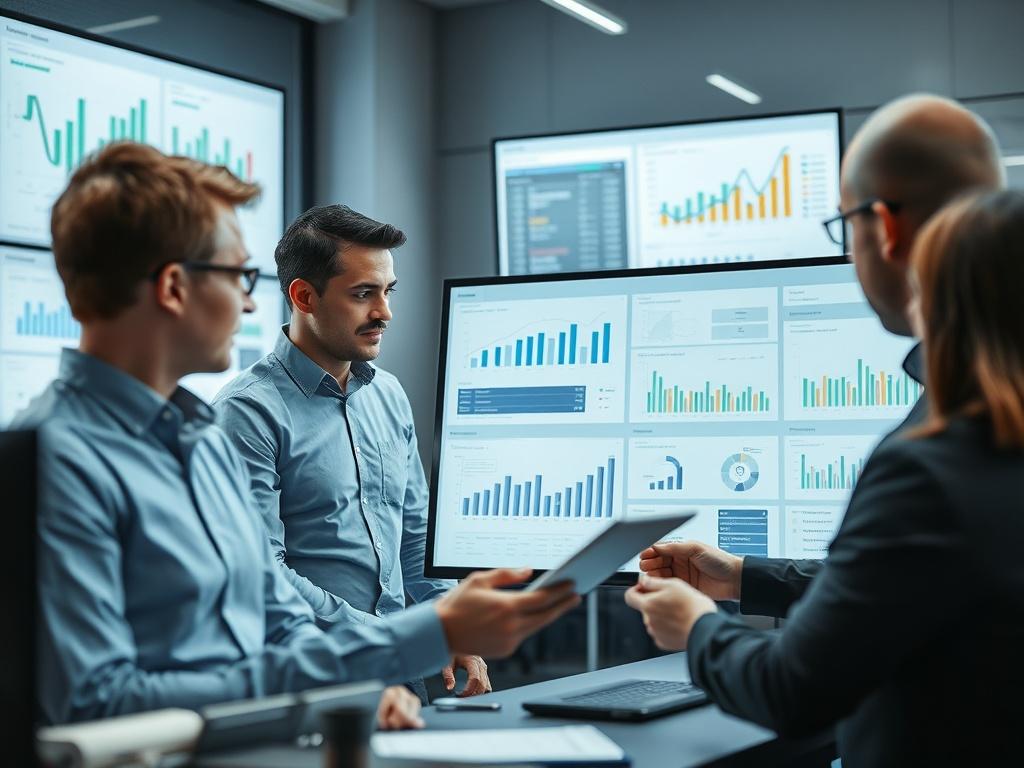 A project management setting with a team of professionals reviewing project plans and timelines on a digital platform. The atmosphere is one of collaboration and focus, with charts and graphs displayed on screens. The image should reflect a modern and efficient workspace that emphasizes project implementation and teamwork.