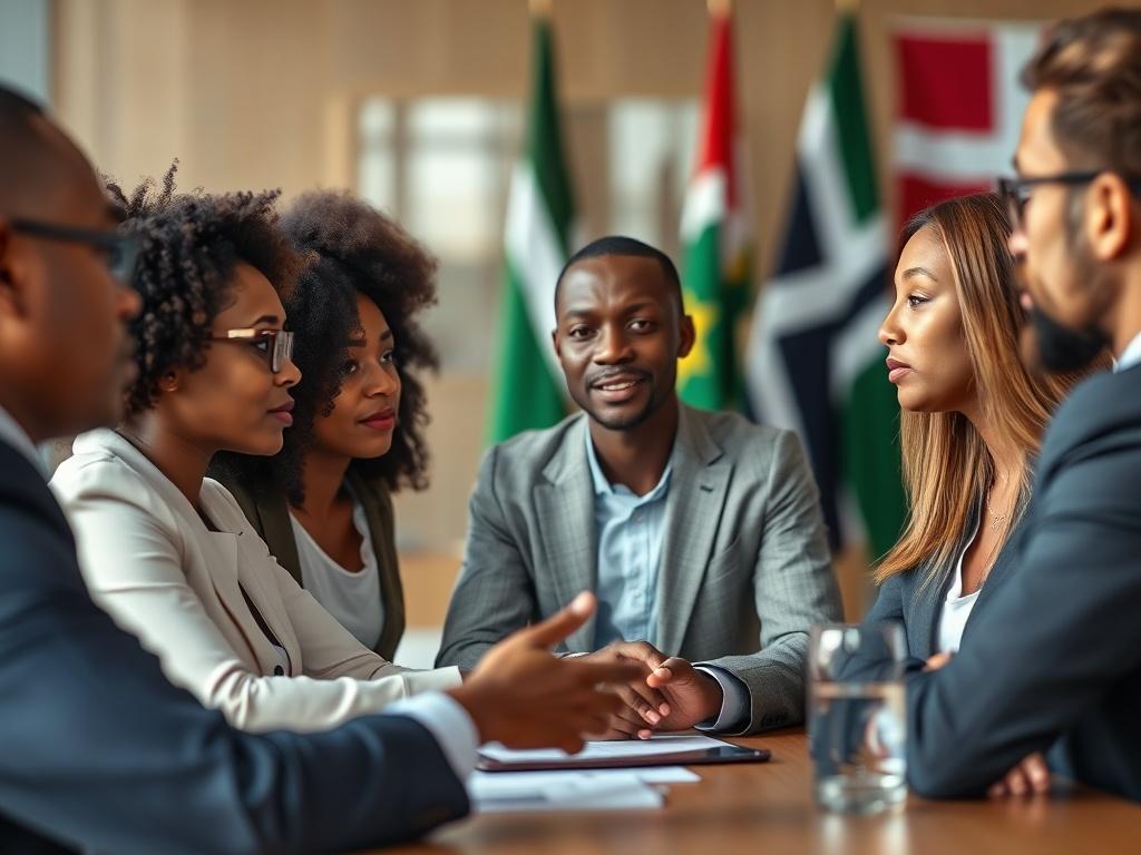 A professional collaboration meeting setting, featuring a diverse group of business professionals engaged in discussions. The background showcases elements representing both Africa and Denmark, such as flags or cultural symbols. The image should convey a sense of partnership and innovation, focusing on a clear and realistic portrayal of the group, with natural lighting.