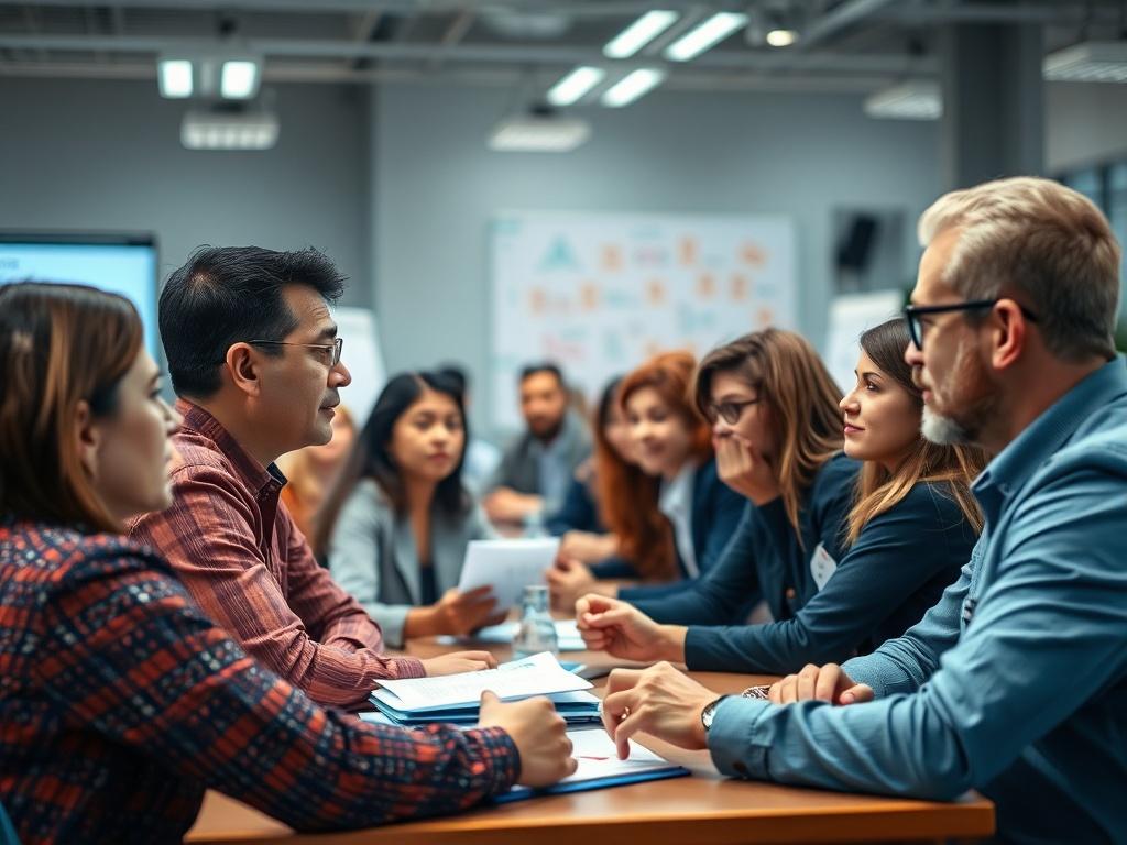 A vibrant workshop scene with professionals from diverse backgrounds actively participating in discussions. The setting should highlight a collaborative environment with presentations and visual aids, showcasing the exchange of ideas. The image should capture the essence of learning and knowledge sharing, with a clear focus on the engaged participants.