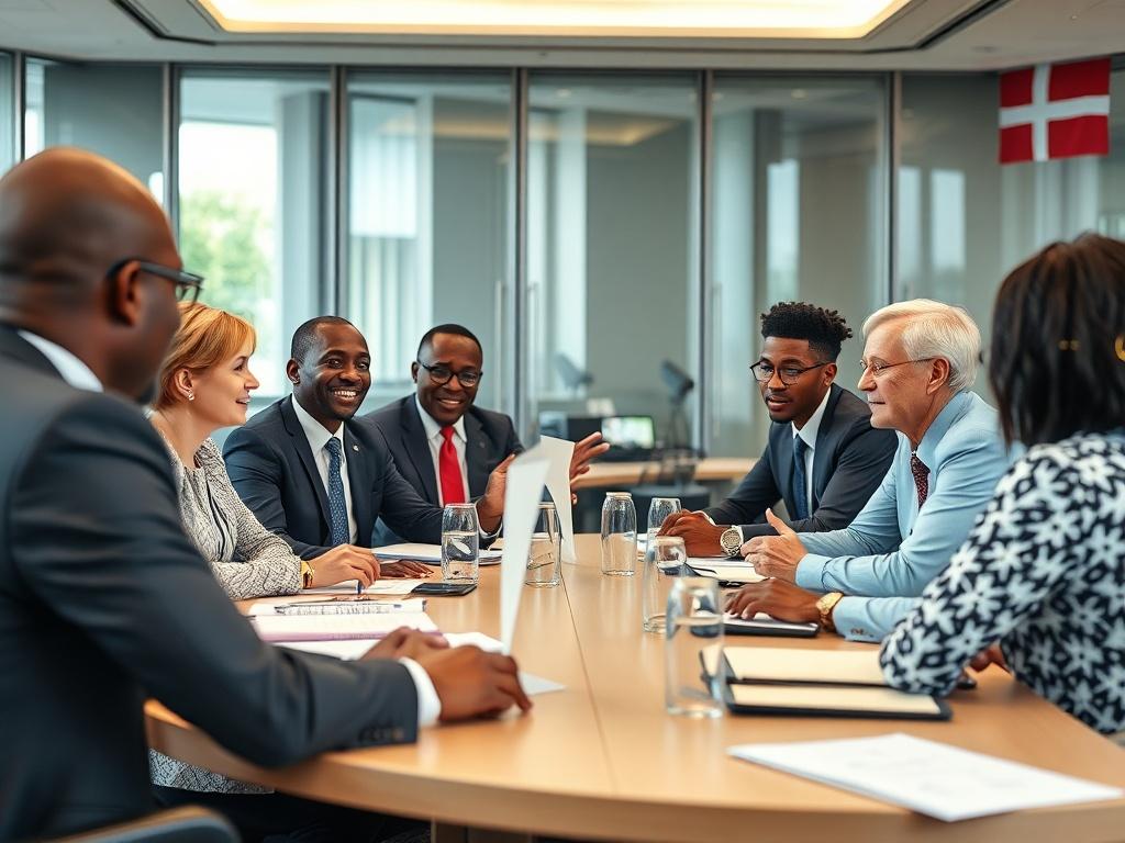 A high-resolution image of a professional business forum setting, with diverse participants engaging in discussions. The main subject should be a group of professionals at a round table, focusing on collaboration. The background should show a modern conference room with subtle African and Danish cultural elements.