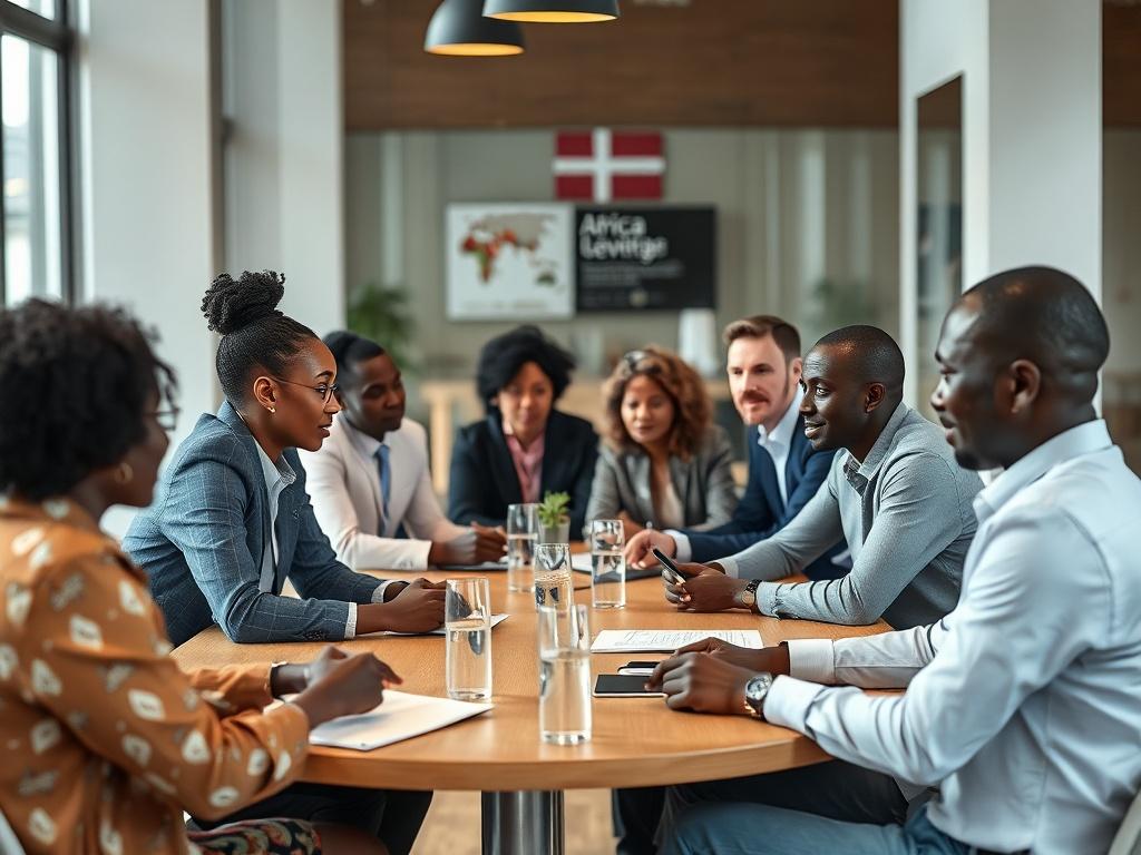 A high-resolution image capturing a roundtable discussion with diverse professionals sharing ideas. The setting should be welcoming, with a focus on interpersonal engagement, showcasing participants actively listening and contributing. Use a light, modern background with elements representing both Africa and Denmark.