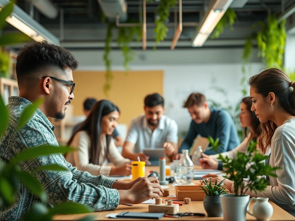 A high-resolution image of a green innovation lab session, featuring diverse participants engaged in creative activities. The setting should include eco-friendly materials and technologies, with an emphasis on collaboration and innovation. Showcase a vibrant atmosphere that reflects sustainability and creativity.
