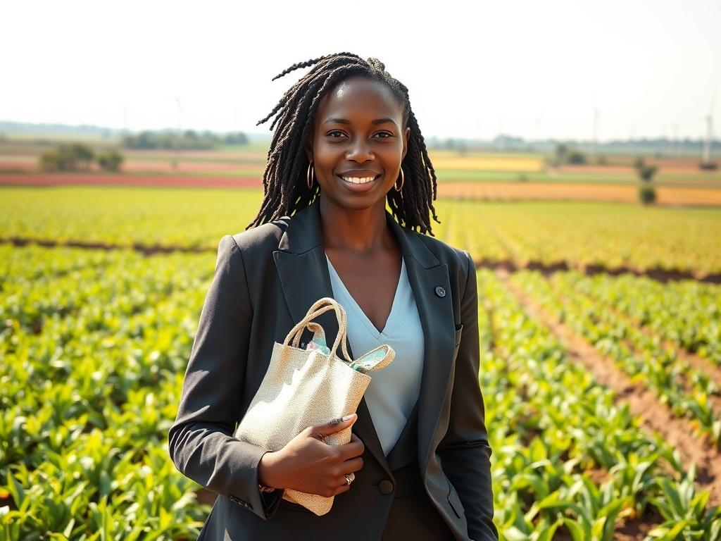 **AI Image Generation Prompt**:

Create a realistic high-resolution photo that represents the theme of "Why Africa–Denmark Partnerships Matter for Sustainable Growth". The image should feature a prominent single subject: a confident African entrepreneur in a modern outfit, standing with a backdrop of a vibrant, green agricultural landscape that symbolizes sustainability and growth.

The entrepreneur should be holding an eco-friendly product, such as a small reusable shopping bag made from natural materials.