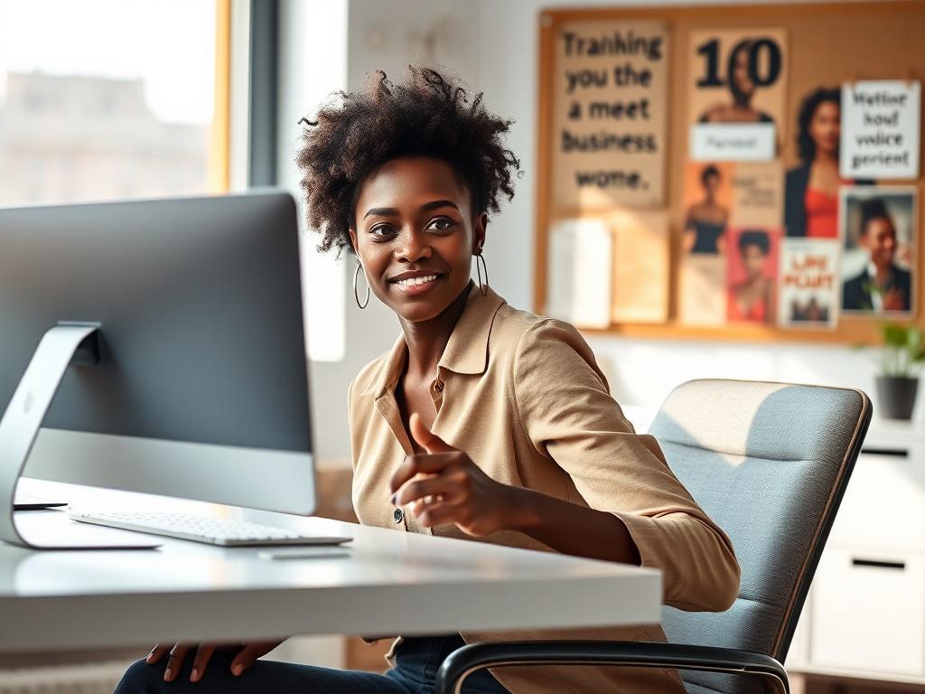 Create a realistic high-resolution photo featuring a young African woman entrepreneur in a modern workspace. The image should capture her seated at a sleek, minimalist desk, engaged in a video call that's assisting her business development. She should have an enthusiastic and determined expression, showcasing her ambition and potential.

The background should feature subtle elements of a creative office environment, such as a bulletin board with inspirational quotes and images of successful women in busines