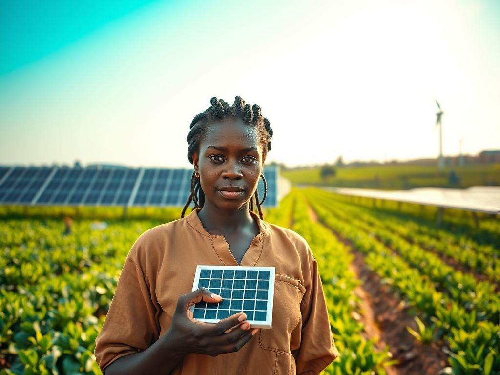 Create a realistic high-resolution photo featuring a single African woman, focused and determined, engaged in a sustainable farming practice. She stands confidently in the foreground, wearing practical, earthy-toned clothing that reflects her connection to agriculture and the environment. Her hands are gently holding a small solar panel, symbolizing the integration of green technology into traditional farming methods.

In the background, depict a lush green landscape that represents the essence of climate-s