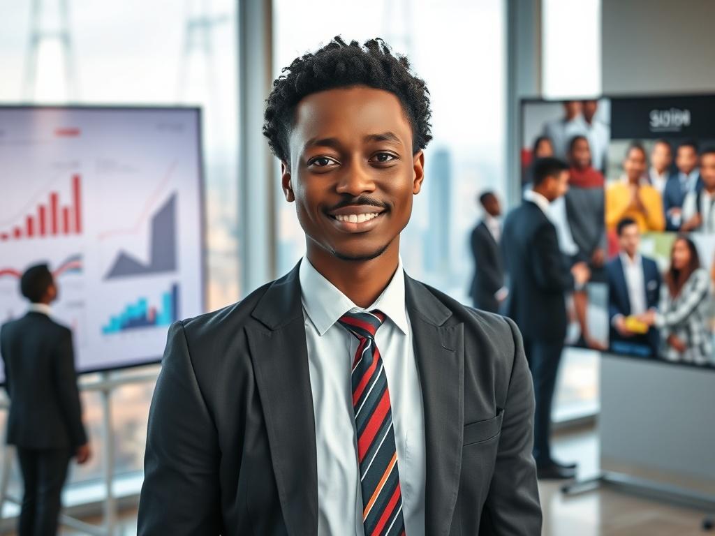 Create a realistic high-resolution image capturing the theme "Diaspora Talent as a Driver of African Development." The composition should be clear and focused on one subject—a confident African professional in business attire, representing a diaspora individual. The person should be standing in a modern, well-lit office environment, exuding a sense of purpose and innovation.

The background should feature elements that symbolize opportunity and collaboration: a large window showcasing a vibrant cityscape, r