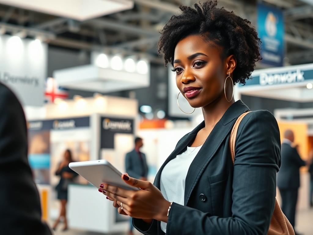 **AI Image Generation Prompt:**

Create a realistic high-resolution photograph featuring a confident African female entrepreneur standing proudly at a modern, well-lit Danish business exhibition. She is engaged in a dynamic conversation with a potential investor. The composition should focus solely on her, capturing her dedication and ambition as she presents her business concept on a digital tablet to the investor.

The background should reflect an upscale trade environment, showcasing sleek exhibition boo