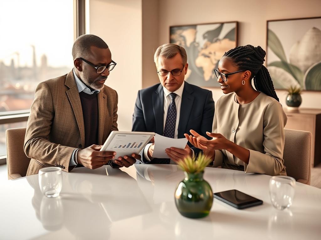 Create a realistic high-resolution photo that embodies the theme of "How Research Partnerships Build Stronger Africa–Denmark Relations." The composition should be simple and clear, featuring a single subject: a diverse group of three professionals engaged in a collaborative discussion at a round table. 

The first subject is a middle-aged African researcher, wearing smart casual attire, holding a tablet and showcasing data graphs related to sustainable development. The second subject is a Danish academic, d