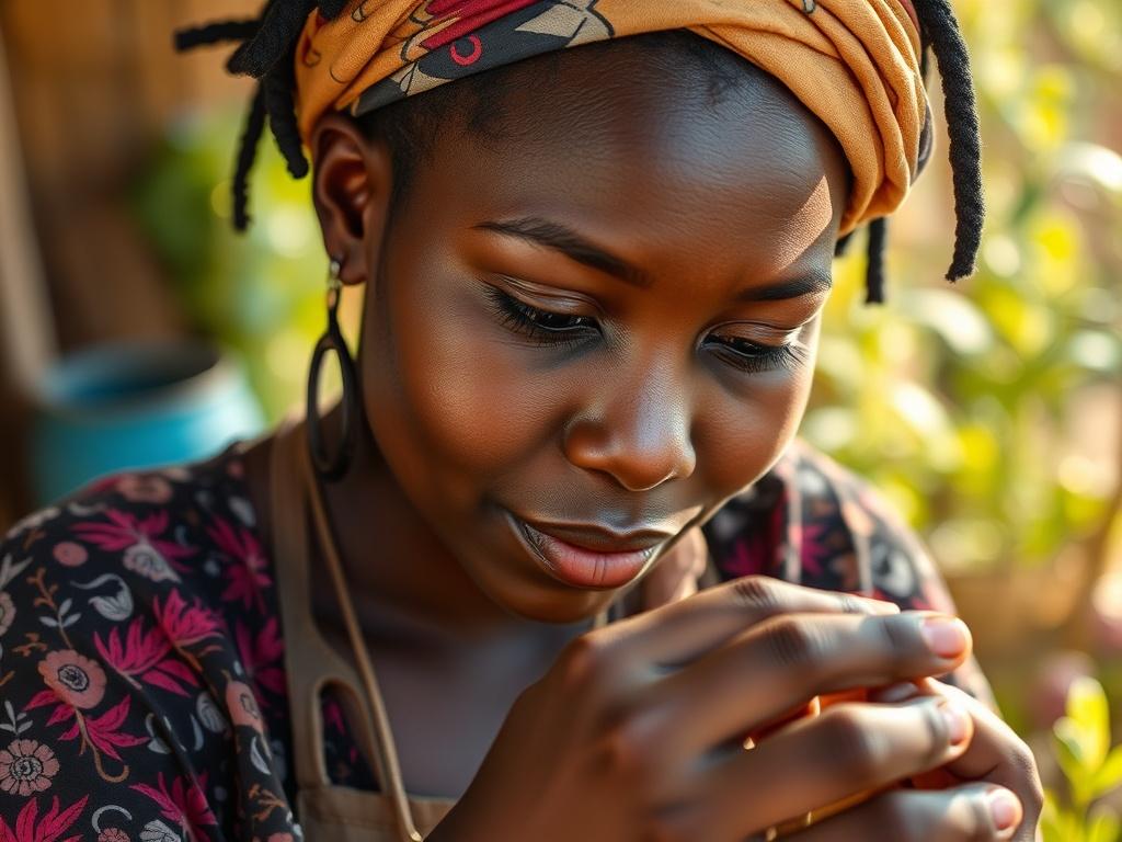 **AI Image Generation Prompt:**

Create a highly detailed, realistic high-resolution photo reflecting the theme of "Why Inclusive Innovation Matters for Africa’s Future." The composition should feature a close-up portrait of a determined African woman entrepreneur from a rural community, showcasing her in a vibrant, sunlit environment that exudes positivity and hope.

The subject should be the sole focus, capturing her engaged in a moment of innovation or creation—perhaps she is thoughtfully inspecting a ha