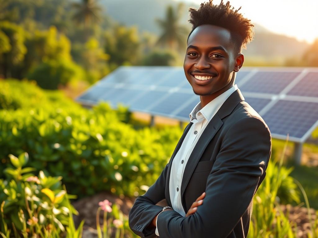Create a realistic high-resolution photo focusing on a single subject: a young African entrepreneur standing confidently in front of a lush green landscape. The entrepreneur should be dressed in professional attire, with a warm and engaging smile that conveys optimism and leadership. The backdrop features a vibrant, sunlit landscape that seamlessly blends elements of economic development and environmental sustainability – perhaps a small community garden flourishing with crops, alongside solar panels reflec