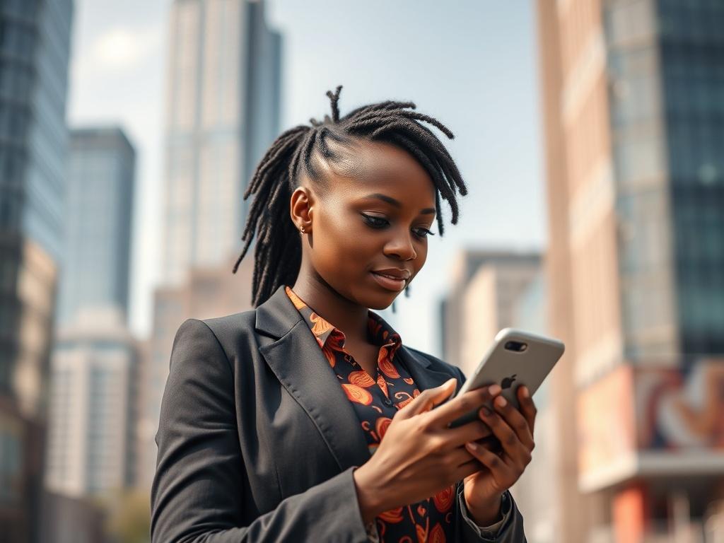 Create a realistic high-resolution photo that reflects the theme "Creating Pathways for African Youth in the Global Knowledge Economy." The composition should be simple and clear, featuring a single subject: a young African woman, around 20-25 years old, embodying confidence and determination. She is standing in an urban environment, symbolizing progress, with a backdrop of a modern city skyline that hints at innovation and opportunity.

The subject should be engaged in a thoughtful pose, perhaps looking at