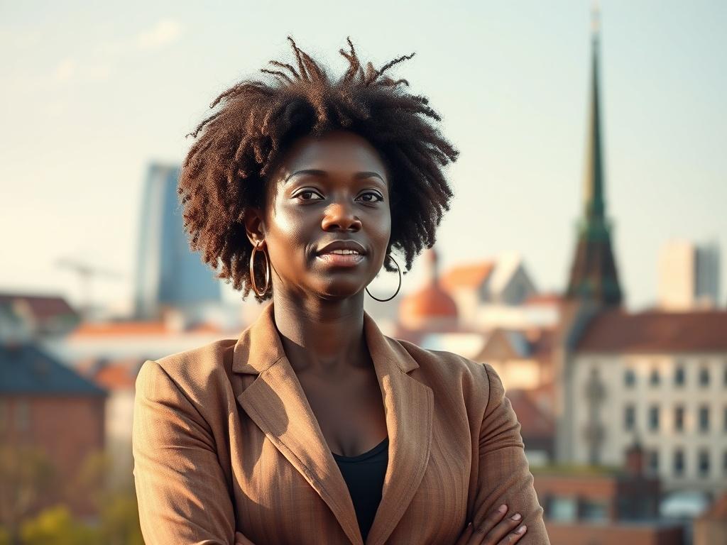Create a realistic high-resolution photo that captures the essence of the blog titled "What Makes ACD Different? A Pan-African Approach Rooted in Collaboration." The composition should be simple and clear, focusing on a single subject: a professionally dressed African woman standing confidently in an urban landscape that symbolizes collaboration.

The subject should be in the foreground, with a thoughtful expression that conveys determination and leadership. She should be wearing a smart-casual outfit that 