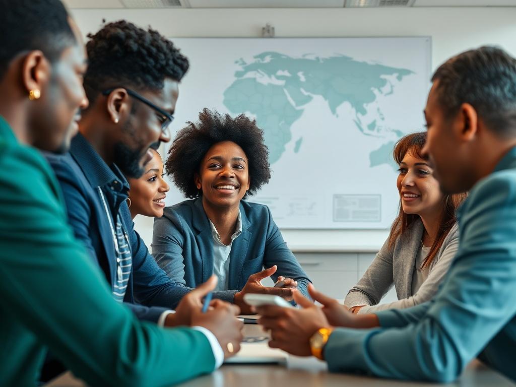 A close-up shot of a diverse group of professionals engaged in a collaborative brainstorming session, surrounded by maps of Africa and Denmark. The setting is modern and corporate, with a clean aesthetic. The individuals display a mix of cultural backgrounds and are actively discussing and exchanging ideas. The background features a minimalist office environment, and the color palette includes emerald green, navy blue, red, and gold accents.