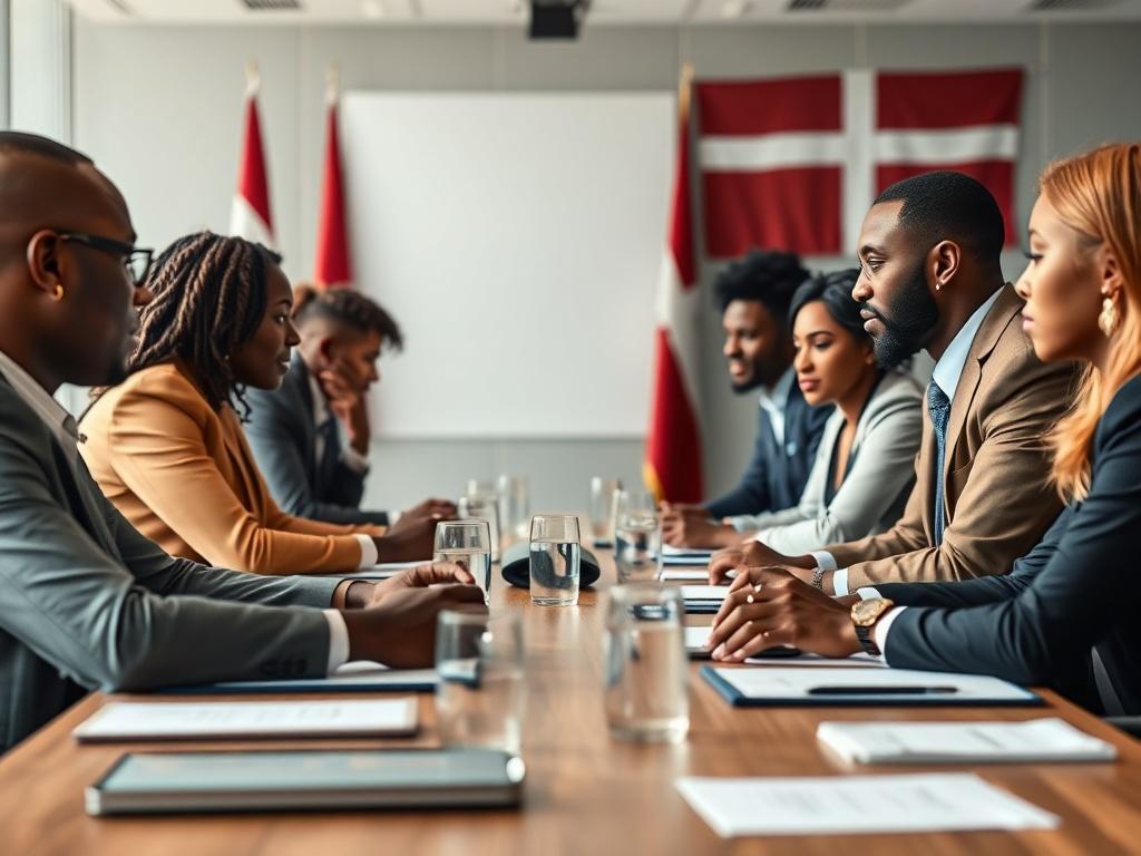 A professional business meeting between African and Danish entrepreneurs, focusing on collaboration, with a modern conference room setting, showcasing a diverse group of professionals engaged in discussions, high-quality materials on the table, and a backdrop of the African and Danish flags.