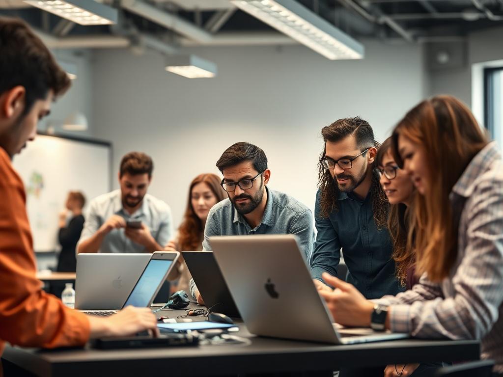 A dynamic innovation lab filled with diverse teams of professionals brainstorming and collaborating on technology projects, with laptops, whiteboards, and prototypes showcasing creativity and innovation, in a modern, well-lit workspace.