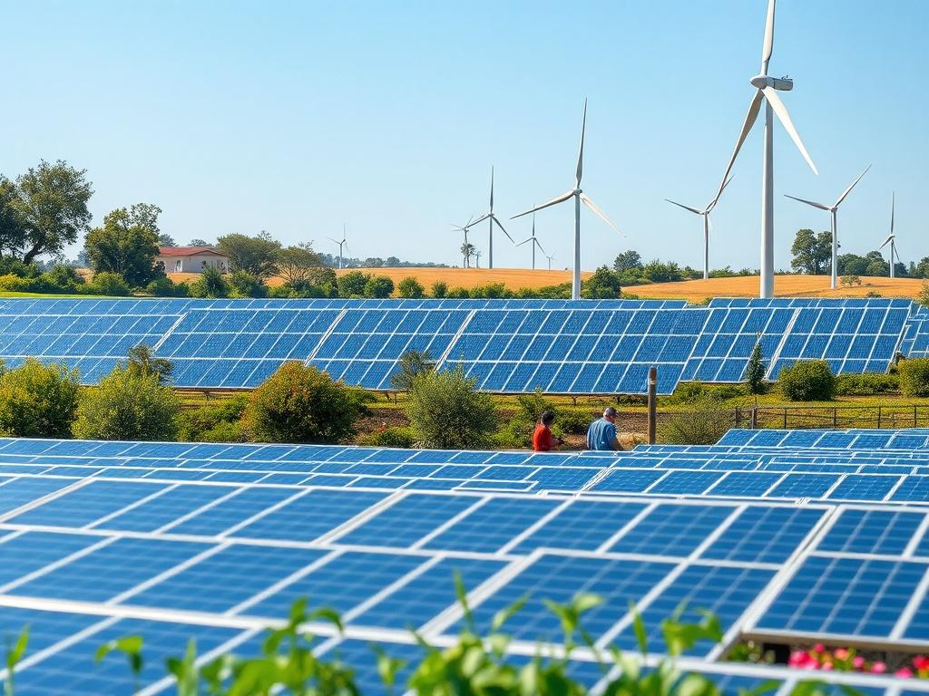 A vibrant green landscape showcasing renewable energy solutions like solar panels and wind turbines, with people engaged in sustainable agriculture practices, emphasizing collaboration and environmental responsibility in a sunny, clear sky setting.