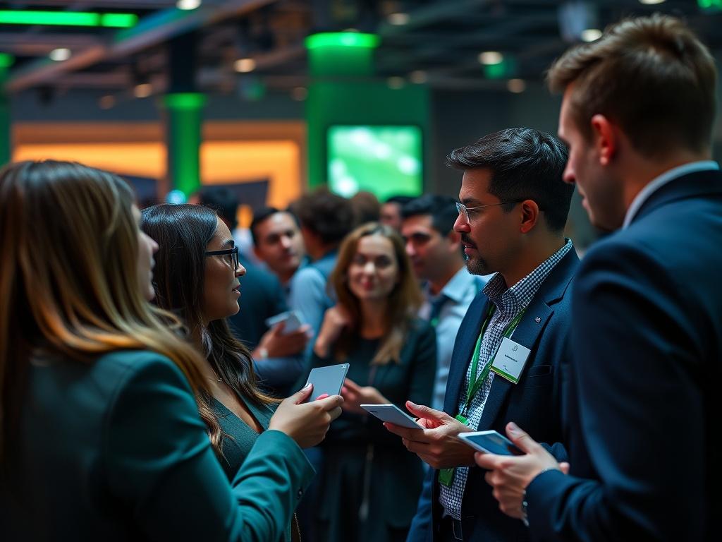 A close-up shot of a diverse group of professionals networking at an event, discussing ideas and exchanging business cards. The atmosphere should be dynamic, highlighting a blend of emerald green and deep navy decor, creating an engaging and professional environment.
