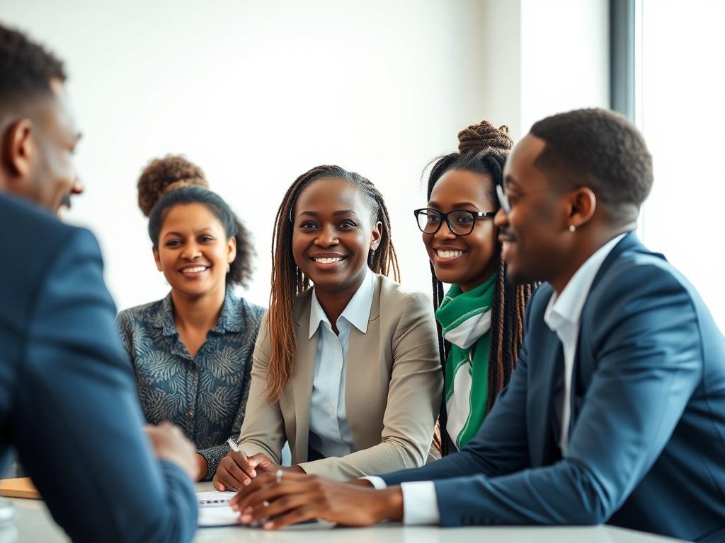 A close-up shot of a diverse group of professionals collaborating in a modern, bright meeting room, showcasing a blend of African and Danish cultural elements. The image should capture expressions of engagement and teamwork, with a white background and elements of emerald green and navy blue subtly integrated into the setting.