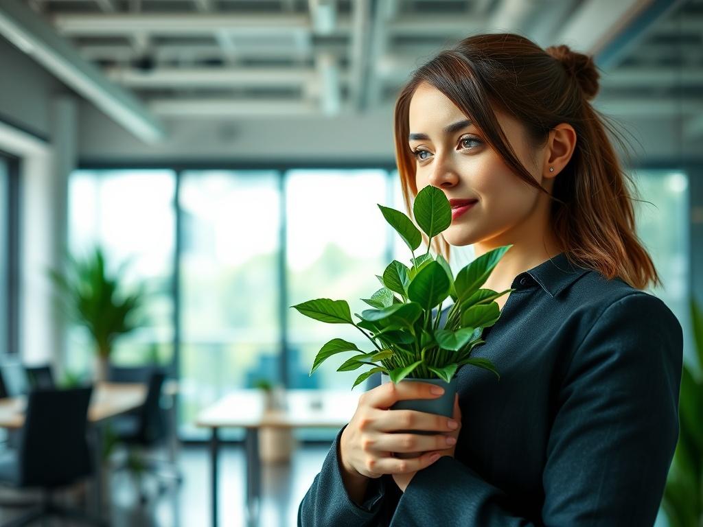 A close-up shot of a professional holding a green plant in a modern office, symbolizing sustainability and innovation. The background should be bright and airy, featuring elements of nature and technology, with colors that reflect emerald green and gold.
