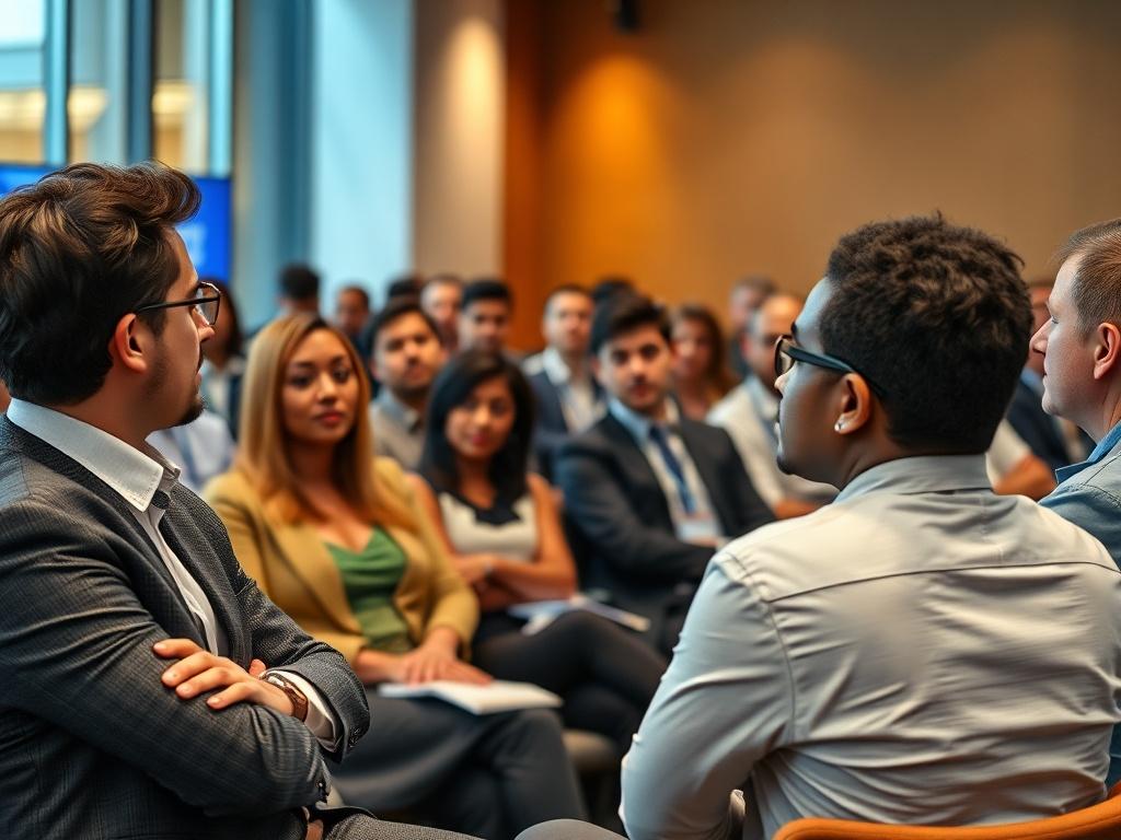A dynamic image of a business forum in action, featuring a diverse group of professionals engaged in discussions, with a speaker presenting at the front. The setting showcases modern conference facilities, with visual elements depicting collaboration and innovation. Shot in hyper-realistic detail, capturing the energy and engagement of the audience.