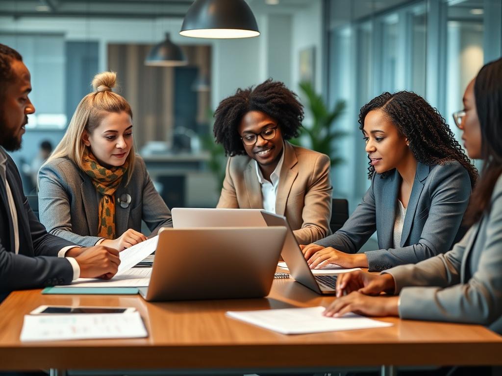 A focused shot of a professional business meeting, featuring diverse individuals engaged in discussion with trade documents and laptops on the table. The background illustrates a modern office environment, reflecting a blend of African and Danish elements, with subtle colors representing both cultures. Shot in hyper-realistic detail, capturing the expressions of collaboration and innovation.