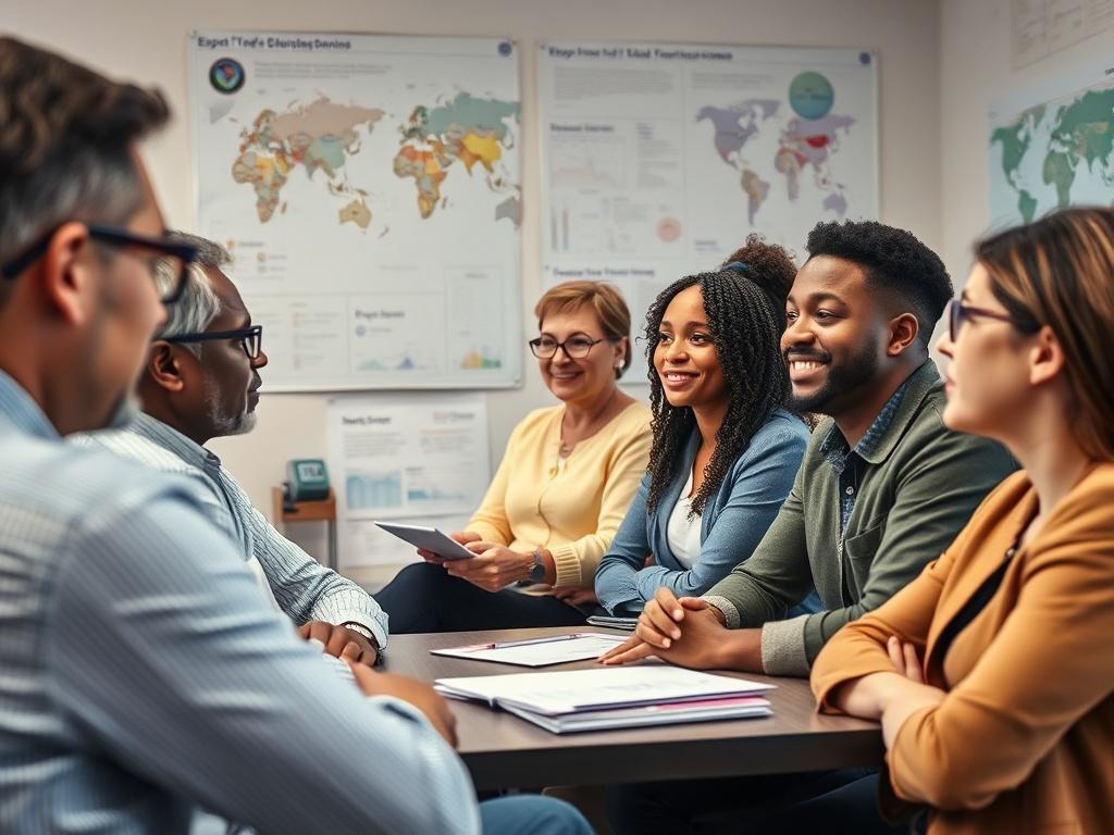 A close-up shot of a training workshop setting, showcasing a diverse group of participants engaging with an expert trainer. The room is filled with export-related materials, charts, and maps that highlight global trade routes. Captured in hyper-realistic detail, emphasizing the enthusiasm and focus of the participants.
