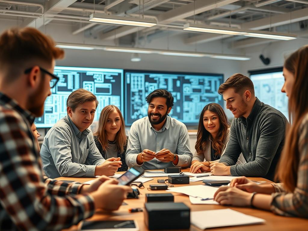 A focused portrait of a diverse group of professionals brainstorming in a modern innovation lab, surrounded by digital screens and prototypes. The atmosphere is energetic, with notes and tech gadgets scattered around. Soft, inspiring lighting adds warmth to the scene, reflecting an engaging and creative environment.