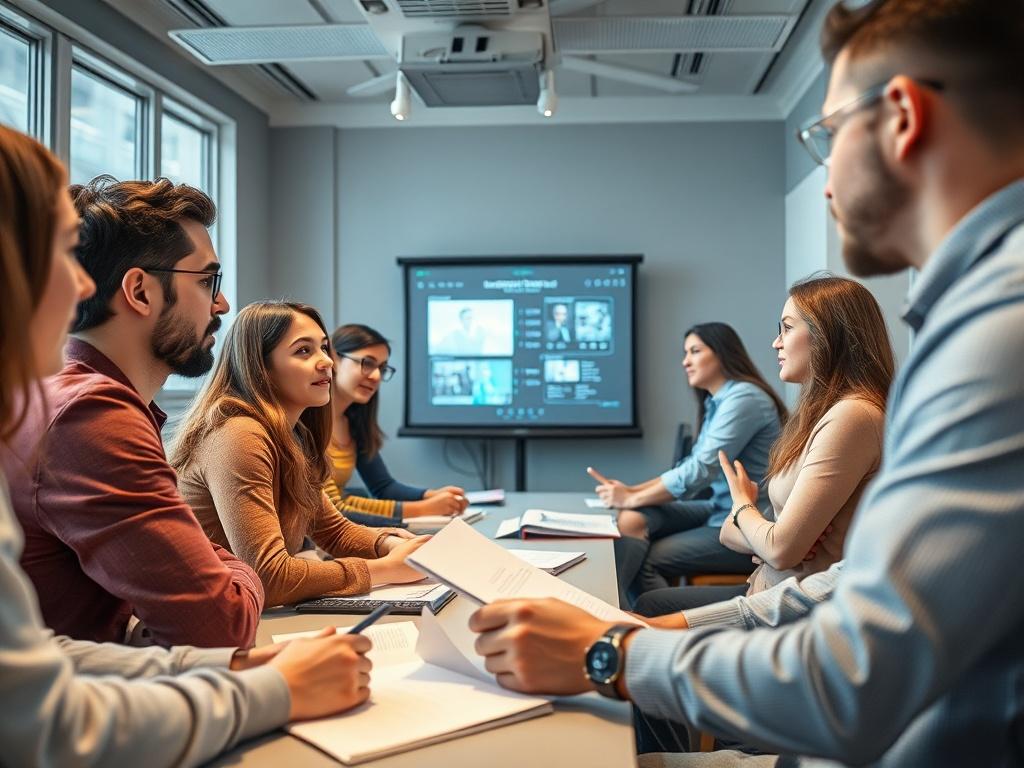 An instructor guiding a group of young professionals through a digital skills workshop, using a projector to display interactive content. Participants are engaged, taking notes and asking questions. The room is modern with tech equipment, symbolizing a forward-thinking approach to education and skill development.