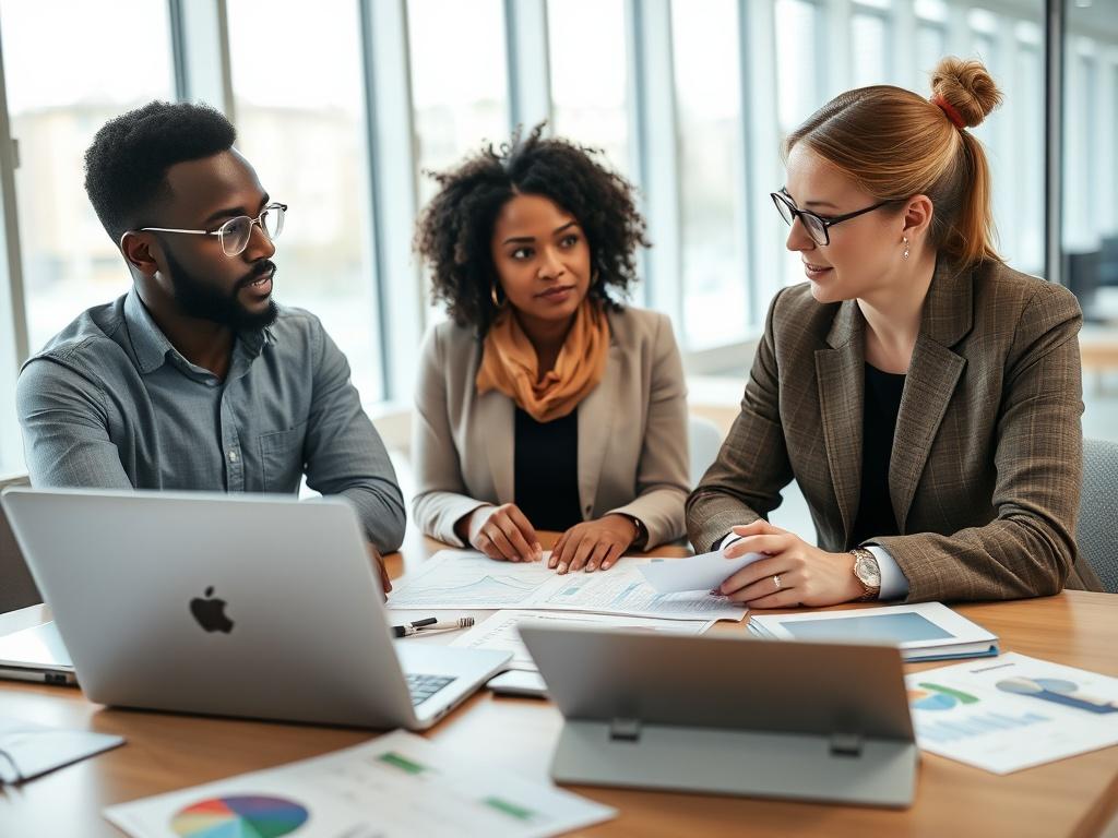 An academic researcher from Africa and a Danish colleague discussing research findings over a table filled with research papers, charts, and laptops. The setting is a bright conference room with large windows, symbolizing transparency and collaboration. Their expressions are focused and engaged, emphasizing the importance of cross-border cooperation.