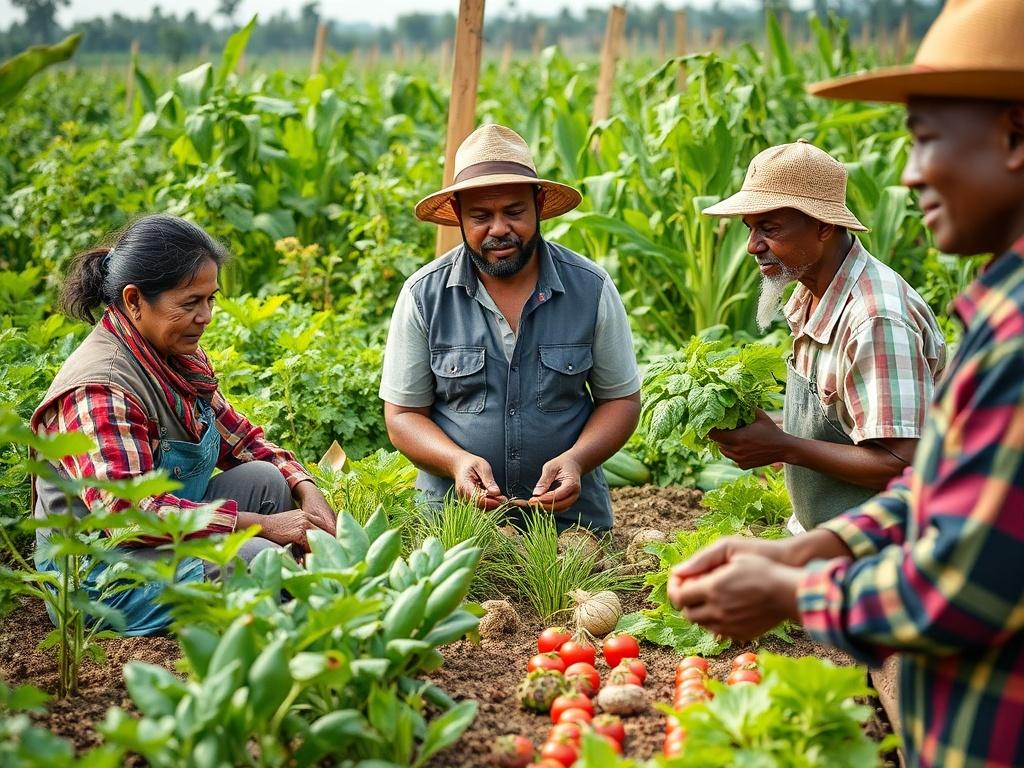 A vibrant agricultural scene showing farmers participating in a training workshop, with experts demonstrating sustainable farming techniques. The background features diverse crops and eco-friendly farming tools, emphasizing innovation and community resilience.