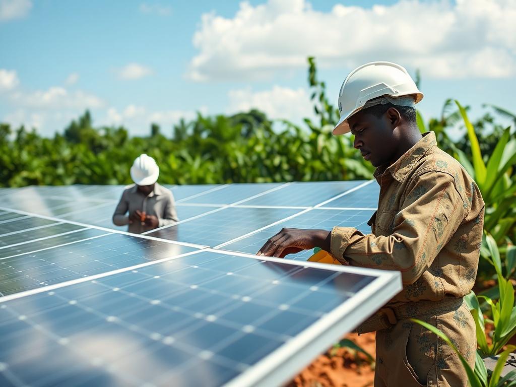 A close-up of a solar panel installation in an African village, with a focus on technicians inspecting the panels, surrounded by lush greenery and blue skies. The scene conveys innovation and sustainability, showcasing the collaboration between local communities and advanced technology.