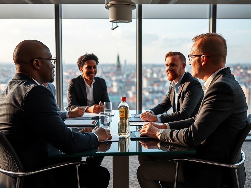 A professional meeting between African entrepreneurs and Danish partners, with a focus on discussions around sustainability initiatives. The setting is a modern conference room with a view of Copenhagen, symbolizing collaboration and innovation.
