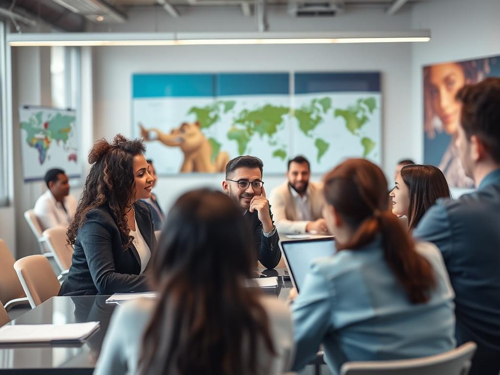 A dynamic image of a diverse group of professionals in a leadership workshop, actively participating in discussions and brainstorming sessions. The setting should be a modern conference room with engaging visuals on the walls, showcasing a collaborative atmosphere.