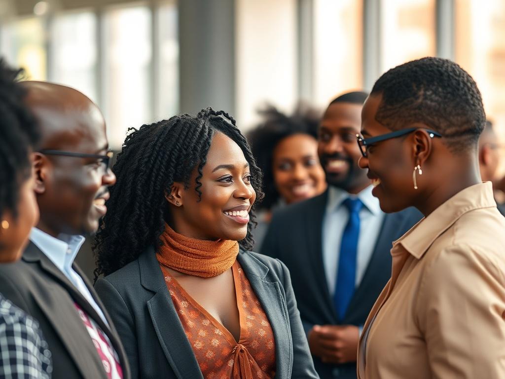A close-up shot of a diverse group of African professionals engaged in a networking event, with an emphasis on warm interactions and professional attire. The background should show a modern office setting with soft natural lighting, reflecting collaboration and connection.
